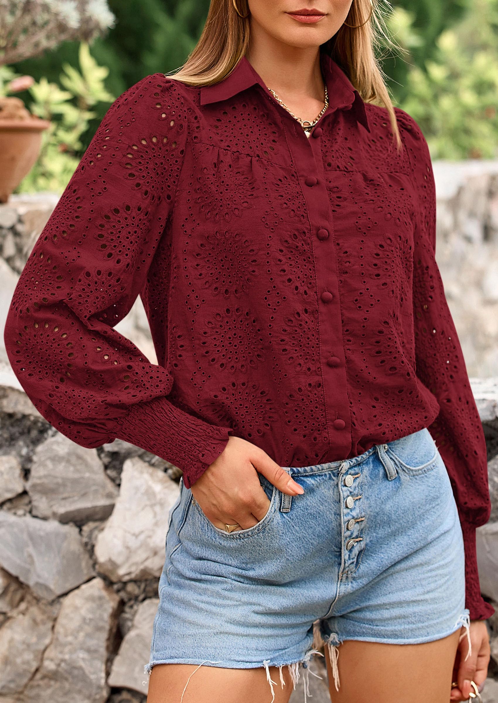 Women's Fall Button Down Shirts Dressy Casual Spring Long Puff Sleeve Eyelet Loose Fit Collared Blouse Top