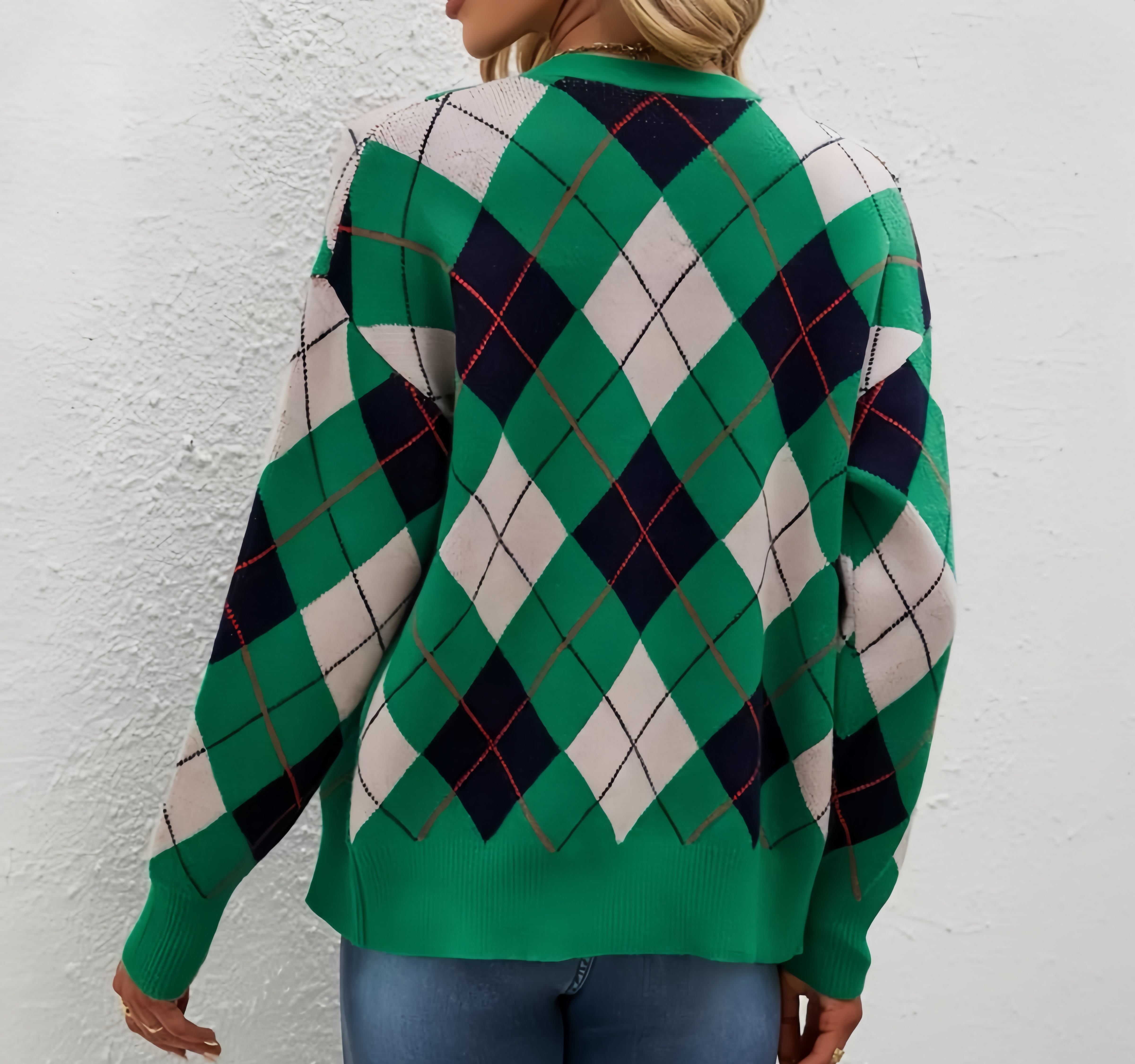 Classic ReissueWool-Blend V-Neck Cardigan Retro Diamond-Patterned College-Style Knit Sweater Jacket