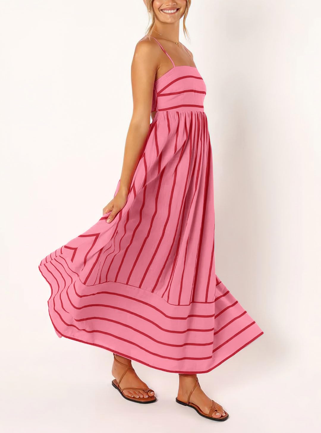 Women's Striped Back Smocked Maxi Dress Sexy Spaghetti Strap Cut Out Flowy Swing Long Dress