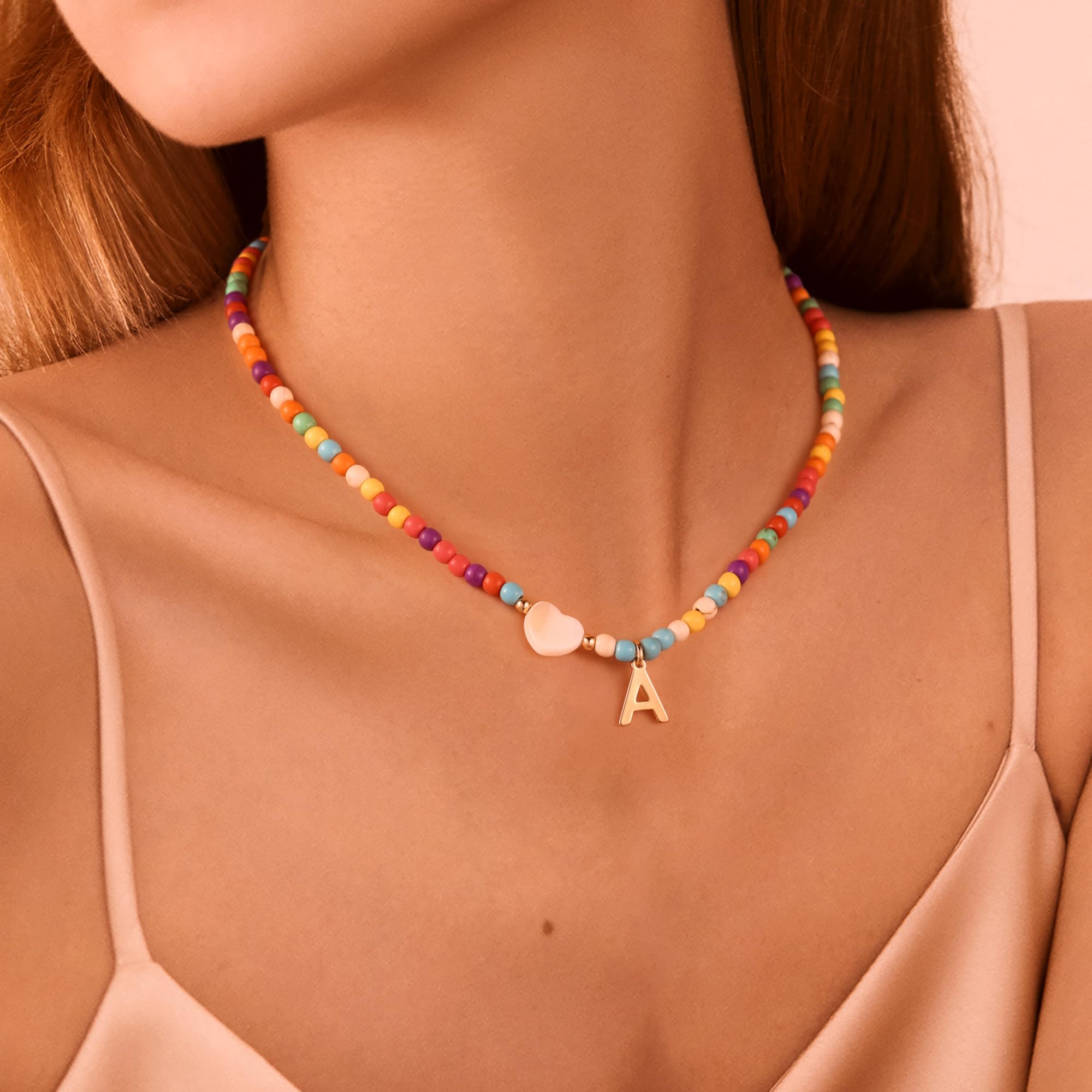 Colorful Initial Cute Necklaces for Girls - Trendy Beaded Choker Necklace for Women Teen Girl, Personalized Letter Initial Gifts for Women Kids Jewelry