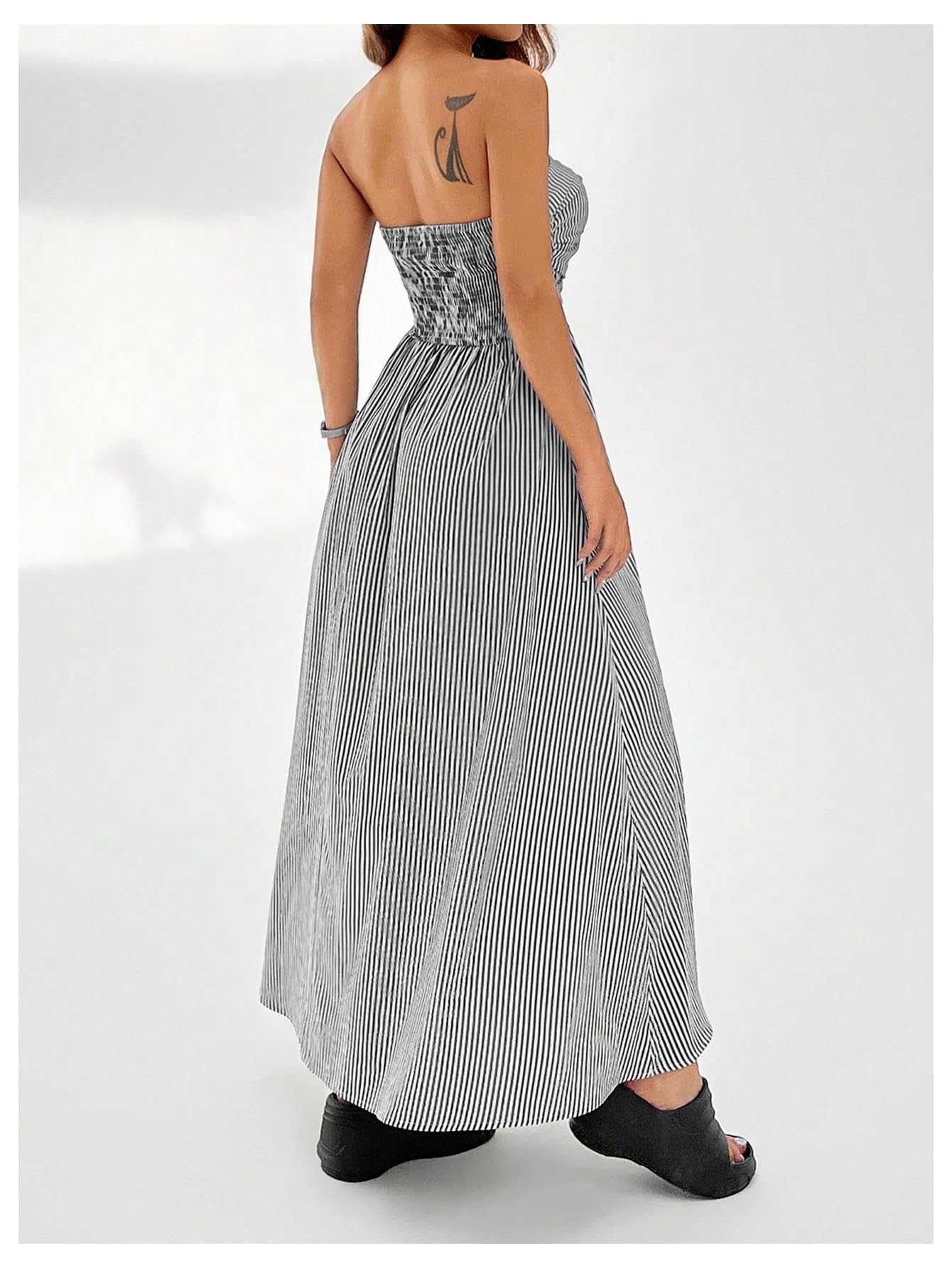 Women's Striped Strapless Maxi Dress Summer Flared Tube Top Long Dresses with Pocket