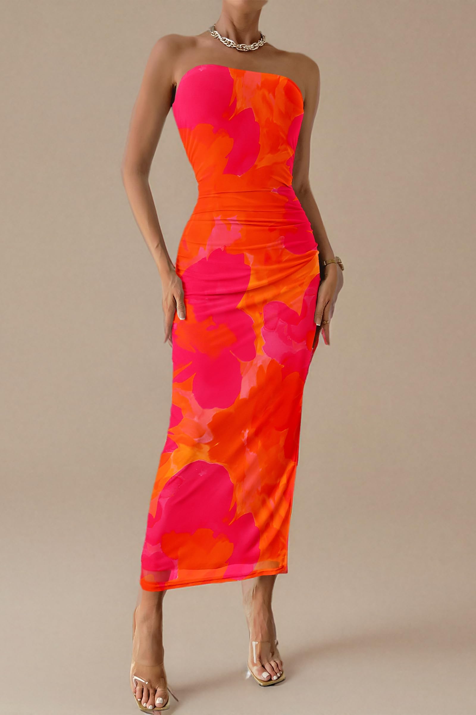 Women's Summer Maxi Bodycon Dresses Strapless Tube Top Slit Floral Printed Party Club Long Dress