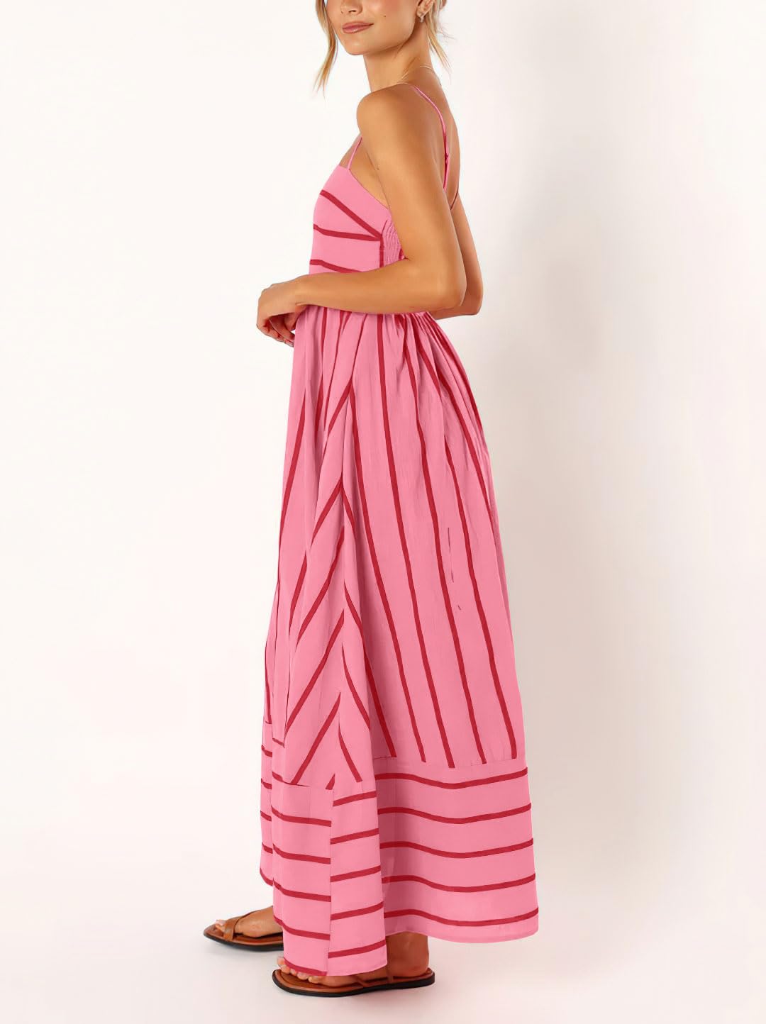Women's Striped Back Smocked Maxi Dress Sexy Spaghetti Strap Cut Out Flowy Swing Long Dress