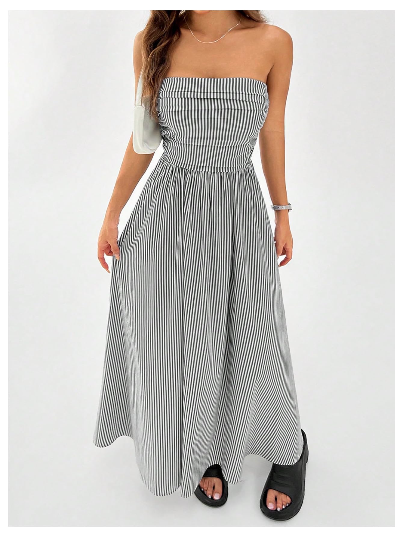 Women's Striped Strapless Maxi Dress Summer Flared Tube Top Long Dresses with Pocket